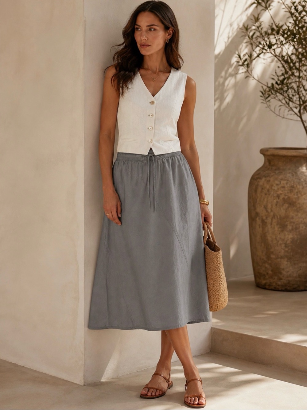 Dkny grey light blue linen Drawstring Midi Skirt